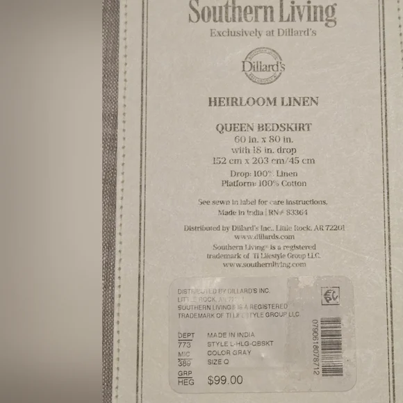 NEW Southern Living Heirloom Linen Queen Bedskirt- Gray- 18" Drop - Picture 3 of 5